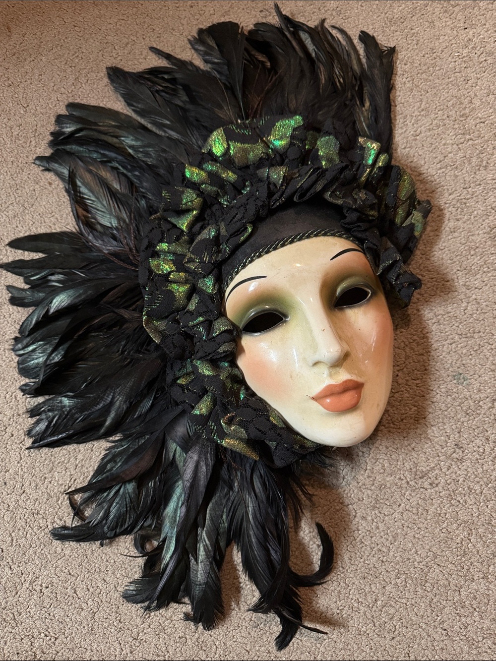 Beautiful Feathered Clay Art Mask Made in USA